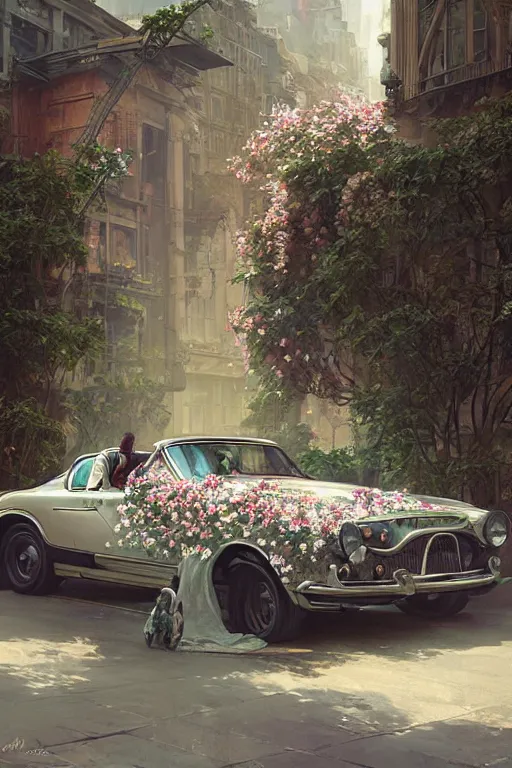 Prompt: ultra realistic illustration, old vintage car in the city with flowers blooming out the window, elegant, highly detailed, digital painting, concept art, smooth, sharp focus, illustration, art by greg rutkowski and alphonse mucha