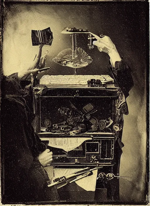 Prompt: old wetplate daguerreotype portrait of the birth of a genius musician, explosion of data fragments, fractal, intricate, elegant, highly detailed, parallax, leica, medium format, subsurface scattering, by jheronimus bosch and greg rutkowski and louis jacques mande daguerre