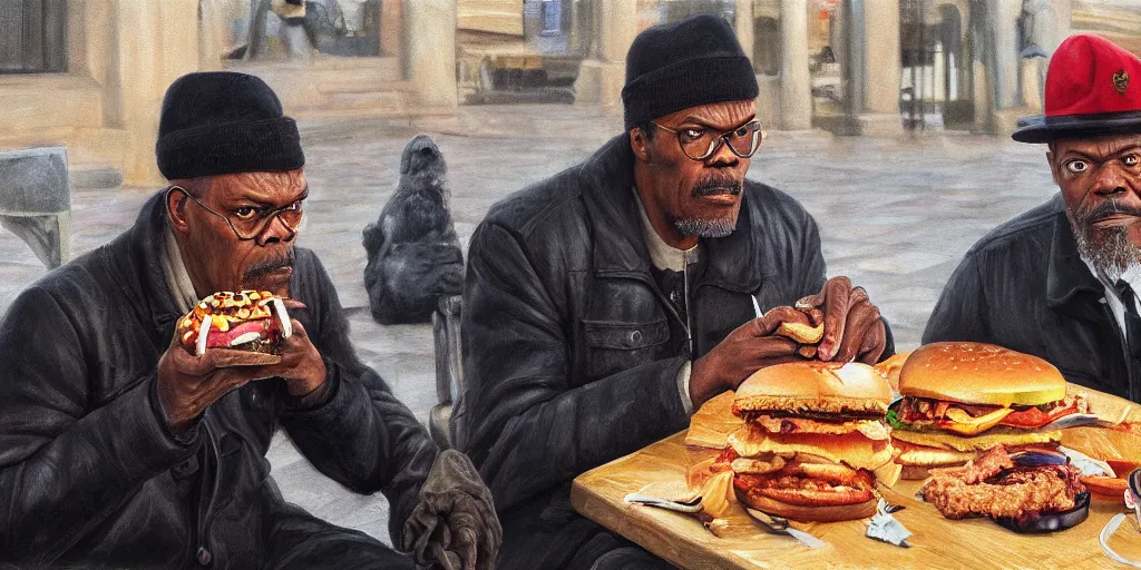 Image similar to highly detailed portrait painting of samuel l jackson eating burger sitting on square near moscow kremlin, balalaika, perfect symmetrical eyes, by eddie mendoza and tyler edlin, 8 k resolution