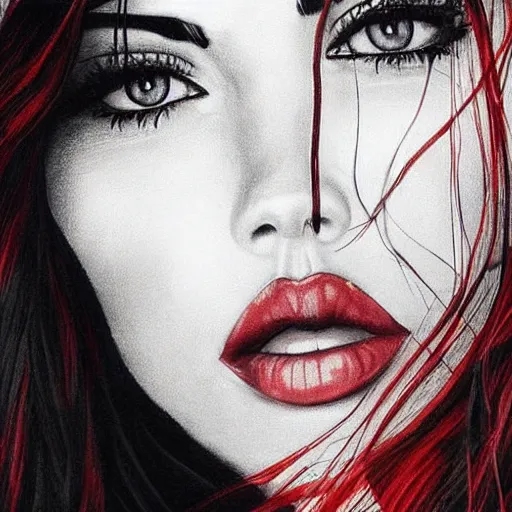 Image similar to “Beautiful Megan Fox Red pencil paintings, only red white colors, ultra detailed portrait, 4k resolution”