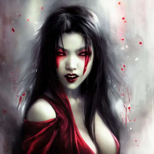 Image similar to beautiful asian vampire woman, paint by Raymond Swanland