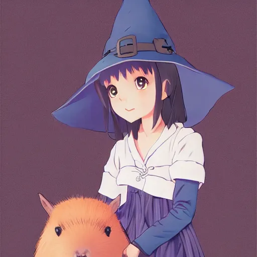 Prompt: full body portrait character concept art, anime key visual of a little witch with her capybara mascot, fine - face, audrey plaza, realistic shaded perfect face, fine details. anime. very strong realistic shaded lighting poster by ilya kuvshinov katsuhiro otomo ghost, magali villeneuve, artgerm, jeremy lipkin and michael garmash and rob rey