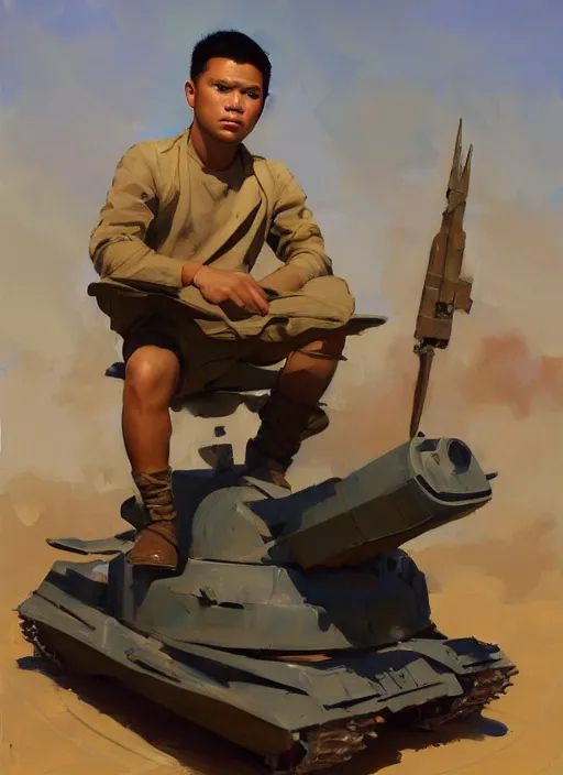 Image similar to greg manchess portrait of a filipino young man sitting on a tank, asymmetrical, profile picture, organic painting, sunny day, matte painting, bold shapes, hard edges, street art, trending on artstation, by huang guangjian, gil elvgren, ruan jia, randy vargas, greg rutkowski