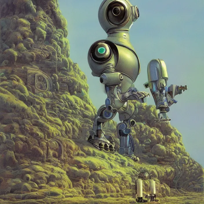 Image similar to quaint robot, science fiction, detailed, sharp focus, pastel, intricate, realistic, smooth, volumetric lighting, digital painting, by roger dean