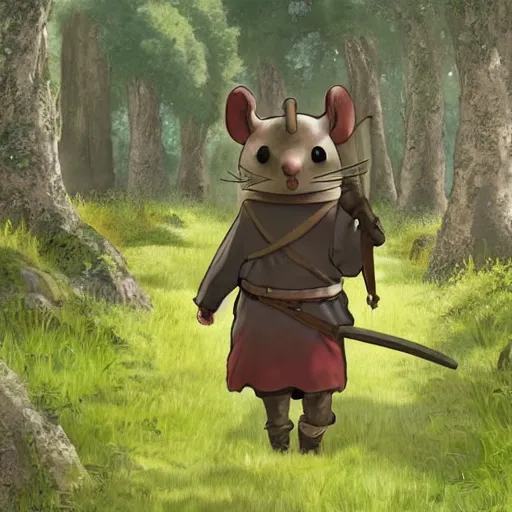 Image similar to an anthropomorphic rat dressed in medieval clothing, walking through a lush forest, studio Ghibli, kingdom come deliverance