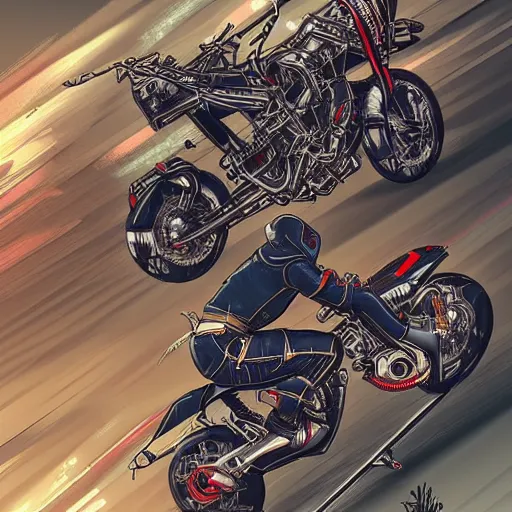 Image similar to a detailed intricate beautiful rocket-powered cyberpunk-style flying motorbike, trending on arstation