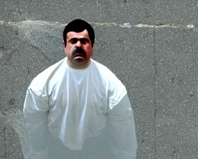 Prompt: birds eye view of el chapo exploding out of prison in deep meditation. clear sunny day. 4k. el chapo inspired. angel.