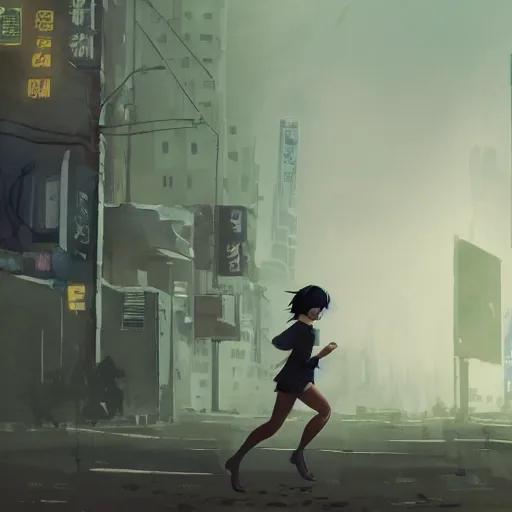 Image similar to incredible wide screenshot, ultrawide, simple watercolor, rough paper texture, ghost in the shell movie scene, backlit distant shot of girl in a parka running from a giant robot invasion side view, yellow parasol in deserted dusty shinjuku junk town, broken vending machines, bold graphic graffiti, old pawn shop, bright sun bleached ground, mud, fog, dust, windy, scary robot monster lurks in the background, ghost mask, teeth, animatronic, black smoke, pale beige sky, junk tv, texture, brown mud, dust, tangled overhead wires, telephone pole, dusty, dry, pencil marks, genius party,shinjuku, koji morimoto, katsuya terada, masamune shirow, tatsuyuki tanaka hd, 4k, remaster, dynamic camera angle, deep 3 point perspective, fish eye, dynamic scene