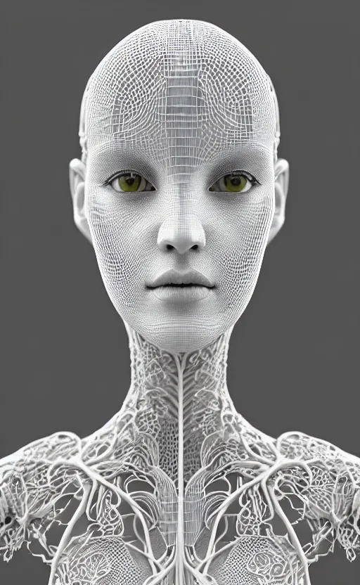 Image similar to complex 3d render ultra detailed of a beautiful porcelain profile woman face, hazel eyes, vegetal dragon cyborg, 150 mm, beautiful natural soft light, rim light, silver white details, roots, fine lace, maze like, mandelbot fractal, magnolia big yellow leaves and stems, anatomical, facial muscles, cable wires, microchip, elegant, white metallic armor, octane render, black and white, H.R. Giger style