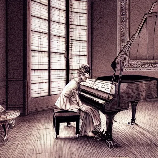 Prompt: beethoven playing piano, graceful, elegant, and sophisticated young chinese model dressed as a bulb of garlic, an ultrafine detailed illustration by james jean, intricate linework, bright colors, final fantasy, behance contest winner, vanitas, angular, altermodern, unreal engine 5 highly rendered, global illumination, radiant light, detailed and intricate environment