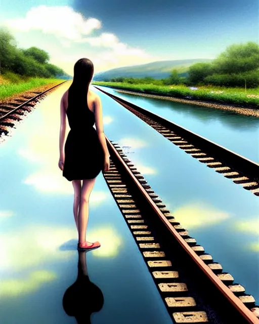 Image similar to shallow reflective water completely covers submerged train tracks as a girl walks along carrying her shoes, there is a train station in the distance and large white clouds on a wide horizon, intricate, elegant, highly detailed, digital photo, artstation, concept art, smooth, sharp focus, illustration, art by artgerm and greg rutkowski and fra angelico