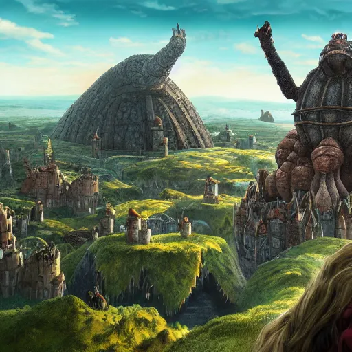 Image similar to large fantasy castle rising from the top of a giant tortoise that is centered in frame, towering over a harsh barren wasteland, howls moving castle, mortal engines, kaiju, distant shot from the air, fantasy, hyper detailed, 4 k