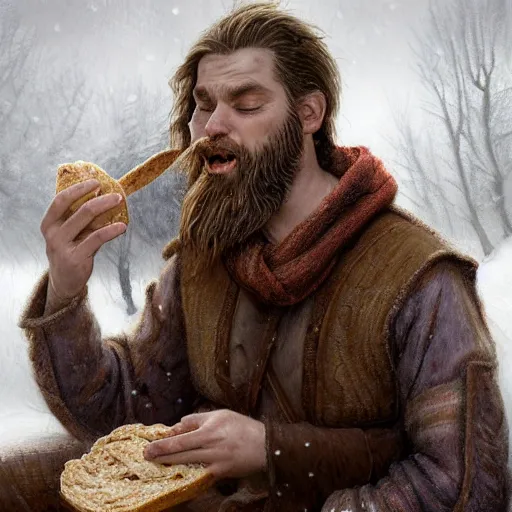 Image similar to epic portrait An viking eating loaf of bread during winter, blizzardy, beauty, pretty face, glossy skin, beard, digital painting, artstation, concept art, soft light, hdri, smooth, sharp focus, illustration, fantasy, intricate, elegant, highly detailed, D&D, matte painting, in the style of Greg Rutkowski and Alphonse Mucha and artemisia, 8k, highly detailed, jurgens, rutkowski, bouguereau, pastoral, rustic, georgic