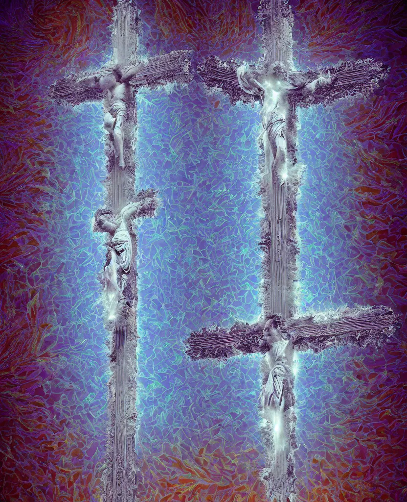 Image similar to a crystalline 3 d mandelbulb fractal in the shape of jesus christ on the cross, bioluminescent opal, fractal, magnificent lighting, ethereal, ray tracing, octane