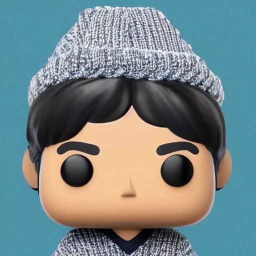 Image similar to a 21 year old skinny white guy with no beard and black hair on top, short on sides, in a navy blue sweater, jeans and grey new balance shoes funko pop close up highly detailed photo