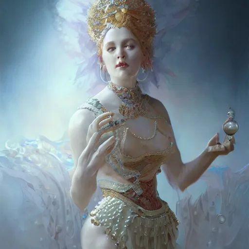Image similar to a realistic liquid queen with a decorated dress made of white pearls , highly detailed, digital painting, Trending on artstation , HD quality, by artgerm and greg rutkowski and alphonse mucha, dramatic light, octane upscale max