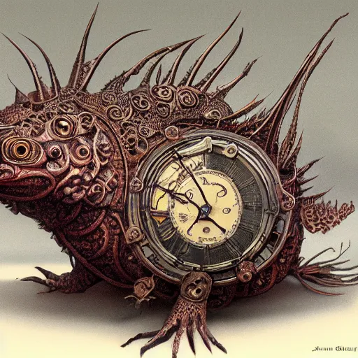 Image similar to steampunk axolotl, masterpiece, intricate, elegant, highly detailed, digital painting, smooth, sharp focus, illustration, art by james gurney, graeme base, brian froud, alan lee