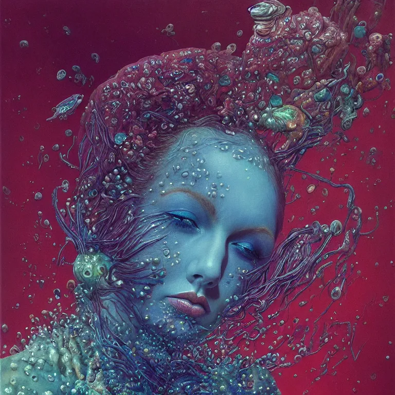 Image similar to Hyperrealistic intensely colored close up studio Photograph portrait of a deep sea bioluminescent Taylor Swift covered in chromatophores, symmetrical face realistic proportions eye contact, sitting in Her throne underwater, award-winning portrait oil painting by Norman Rockwell and Zdzisław Beksiński vivid colors high contrast hyperrealism 8k