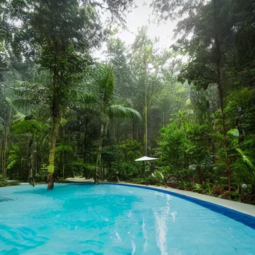 Image similar to abnormally large and complex shaped swimming pool in the middle of the forest, high details, ultra realistic, high fidelity