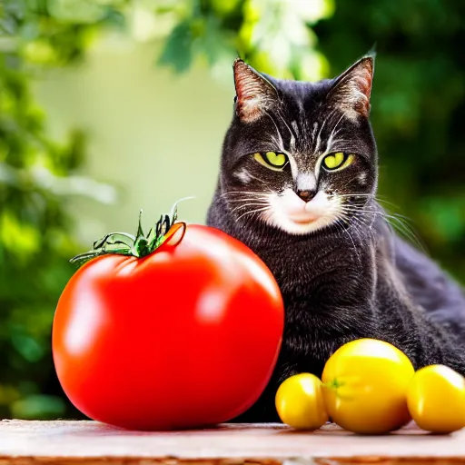 Image similar to photo of giant [ tomato ] next to a cat taken with canon eos - 1 d x mark iii, bokeh, sunlight, studio 4 k