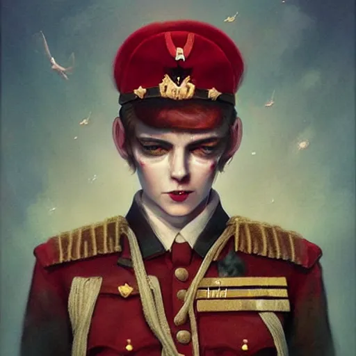 Image similar to gorgeous happy devil in military uniform by tom bagshaw, by beeple, soft lighting, solid background,