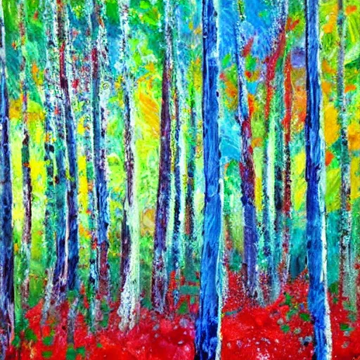 Image similar to paint splatter of a forest with green, blue, red tree trunks. acrylic of canvas, impressionist painting