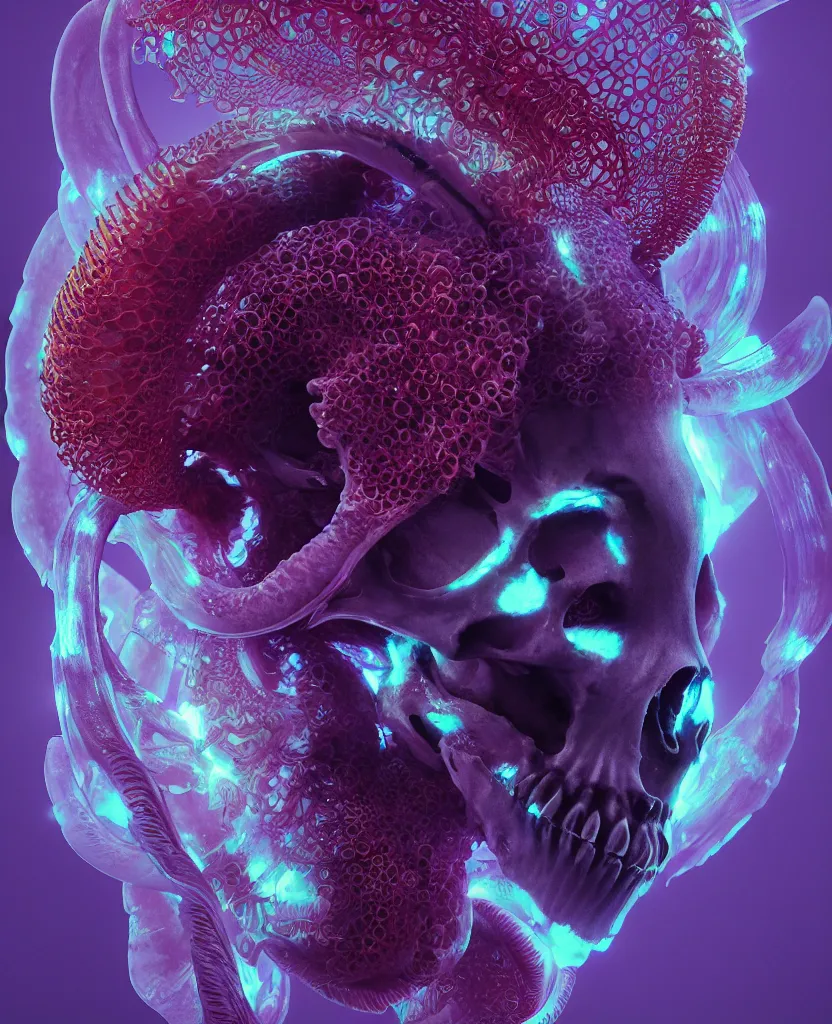 Image similar to goddess close-up portrait goat skull. jellyfish phoenix head, nautilus, orchid, skull, betta fish, bioluminiscent creatures, intricate artwork by Tooth Wu and wlop and beeple. octane render, trending on artstation, greg rutkowski very coherent symmetrical artwork. cinematic, hyper realism, high detail, octane render, 8k