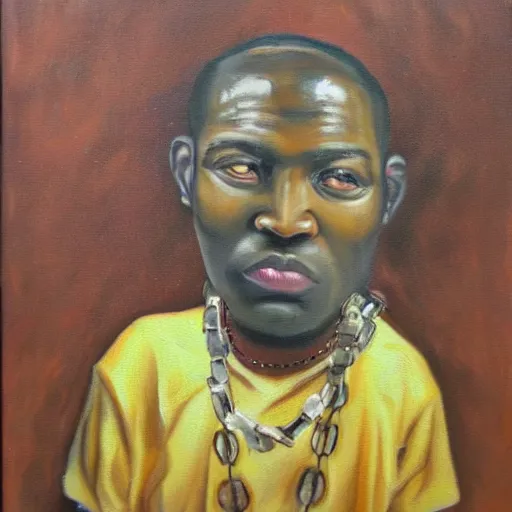 Prompt: mad dog on a chain, oil painting by theophilus tetteh