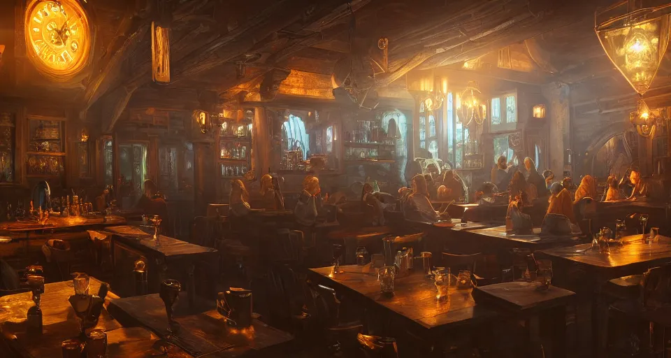 Prompt: alchemy tavern, hyperdetailed, artstation, cgsociety, golden hour 8 k, volumetric lighting, blue light