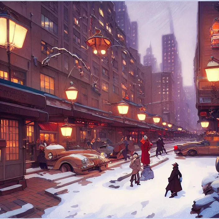 Image similar to american big city, winter, in the style of studio ghibli, j. c. leyendecker, greg rutkowski, artem