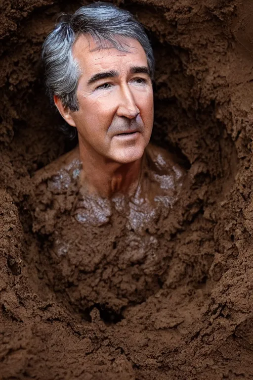 Image similar to cinematic still randy mantooth covered in mud squeezing out of a giant hole made of flesh and hair, 4 k, dramatic lighting