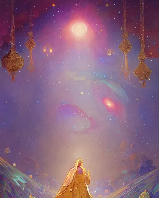 Image similar to bedouin in galaxy walking towards mosque surrounded by nebula, highly detailed, gold filigree, romantic storybook fantasy, soft cinematic lighting, award, disney concept art watercolor illustration by mandy jurgens and alphonse mucha and alena aenami, pastel color palette, featured on artstation