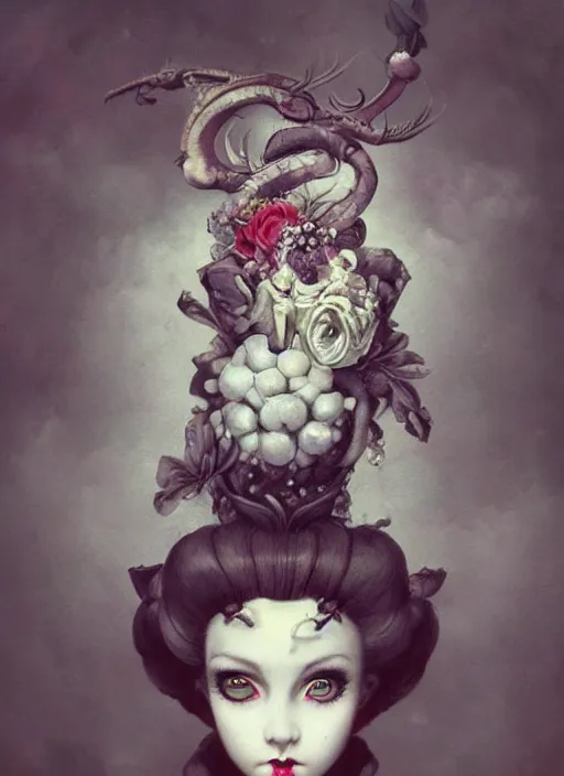 Image similar to pop surrealism, lowbrow art, realistic marie antoinette painting, japanese street fashion, hyper realism, muted colours, rococo, natalie shau, loreta lux, tom bagshaw, mark ryden, trevor brown style,