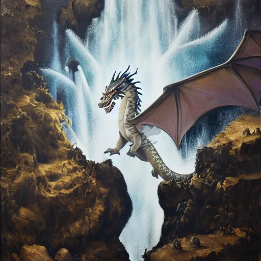 Image similar to oil painting of a dragon flying in the air near a cave with a waterfall in the center, light emanating from the waterfall leading to a big pool of water, dragon has black and white siberian tiger stripes, elegant, sharp focus, wide shot, clear, detailed, early renaissance