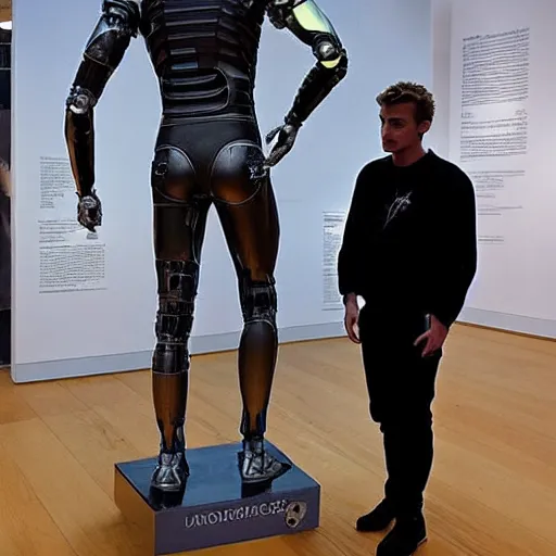 Image similar to “a realistic detailed photo of a guy who is an attractive humanoid who is half robot and half humanoid, who is a male android, British diver Jack Laugher & Chris Mears, shiny skin, posing like a statue, blank stare, at the museum, on display”