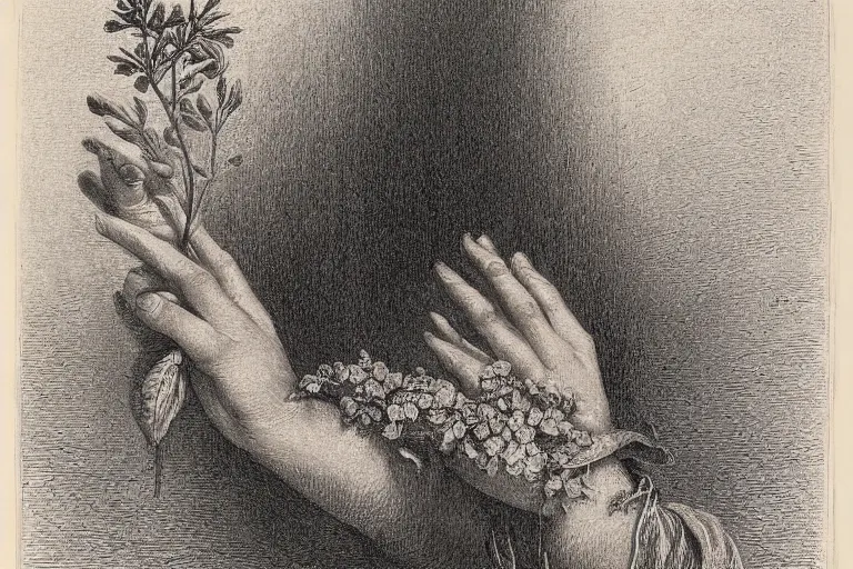 Prompt: close-up flower in hands, soft light, Gustave Dore lithography