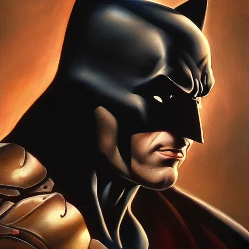 Image similar to an ultra - realistic portrait painting of batman in the style of frank frazetta. 4 k. ultra - realistic. highly detailed. dark fantasy. epic lighting.