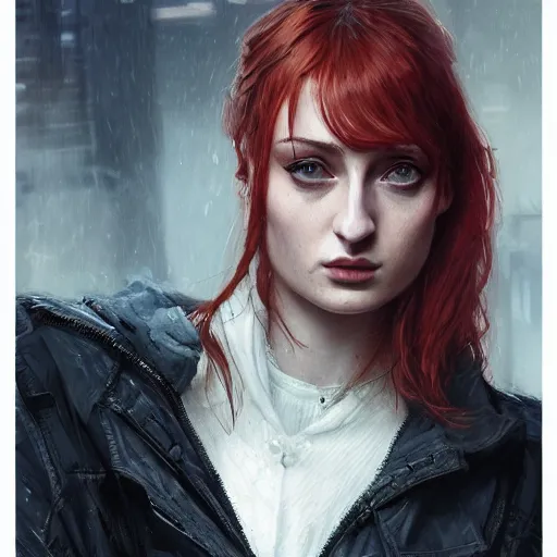 Image similar to sophie turner, streetwear, techwear, cyberpunk style outfit, nose piercing, detailed portrait, intricate complexity, by greg rutkowski, cushart krentz, artgerm, ross tran, conrad roset, takato yomamoto, ilya kuvshinov. 4 k, beautiful, cinematic dramatic atmosphere, portrait lighting