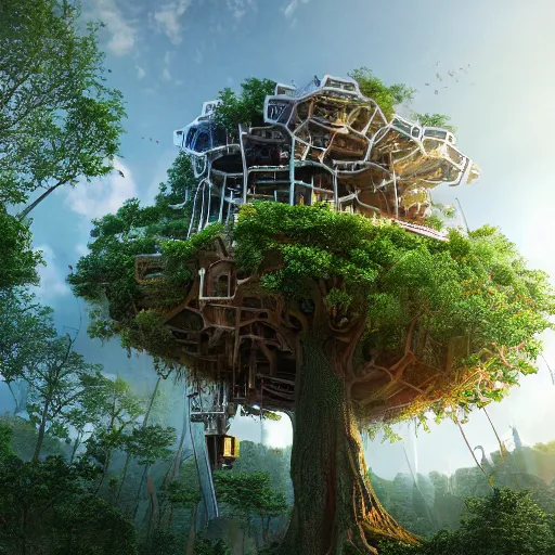 Image similar to ultra realistic and intricate detailed photograph of giant holy tech treehouse, innovation, bright modern style, artstation, unreal render, depth of field, ambient lighting, award winning, stunning