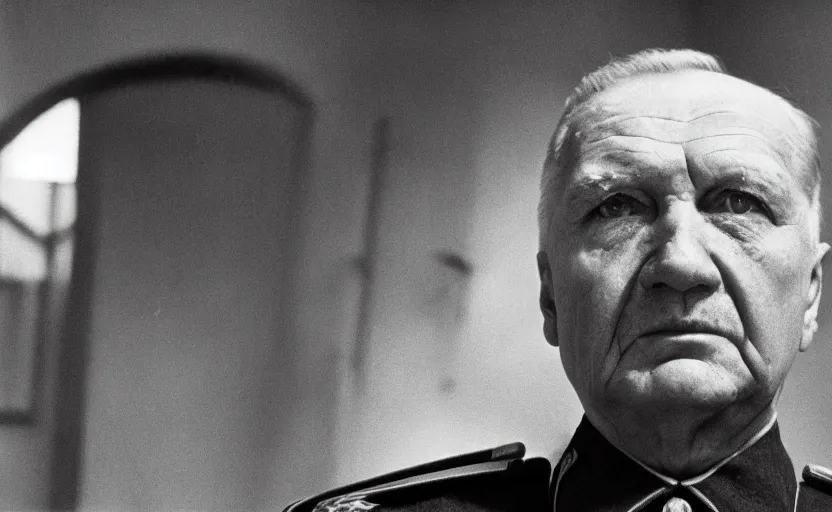 Prompt: 50s movie still close-up portrait of an elder soviet general in a empty stalinist hall, by David Bailey, Cinestill 800t 50mm chrome b&w, heavy grainy picture, very detailed, high quality, 4k, HD criterion, precise texture and facial expression