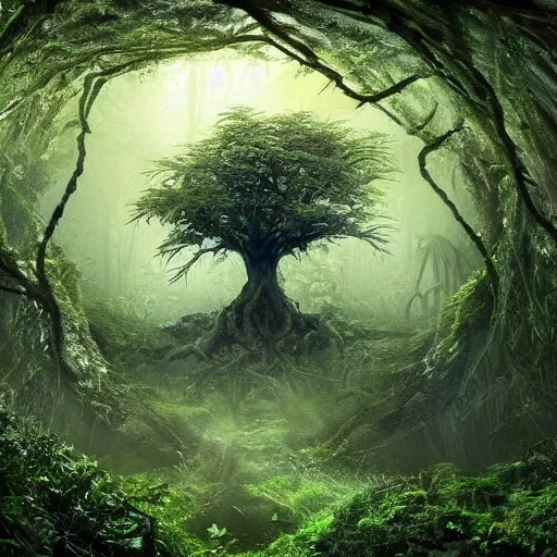 Prompt: horrific, spectacular tree in a densely overgrown jungle, fantasy, dreamlike sunraise, ultra realistic, atmospheric, stopped in time, epic