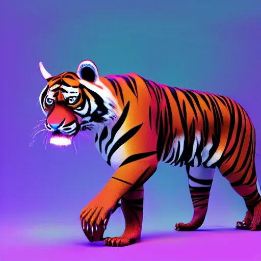 Prompt: low poly render of a Sumatran tiger animal full body octane unreal engine render vaporwave blue and pink neon 4k