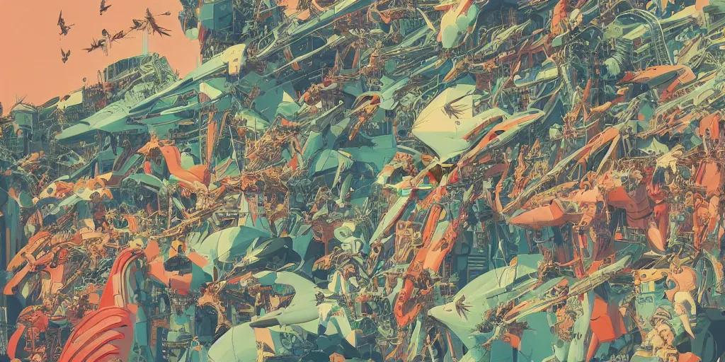 Image similar to risograph rendition, gigantic mecha arzach birds with dragonflies, tiny rats, a lot of exotic animals around, big human faces everywhere, helicopters and tremendous birds, by satoshi kon and moebius, matte bright colors, surreal design, crispy, super - detailed, a lot of tiny details, fullshot