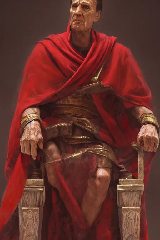 Prompt: a tired, lonely and broken julius caesar is sitting on his throne. face is highly detailed. splices of red are running down his toga. mist. color scheme red and gold. soft light. low angle medium shot. imagined by greg rutkowski.