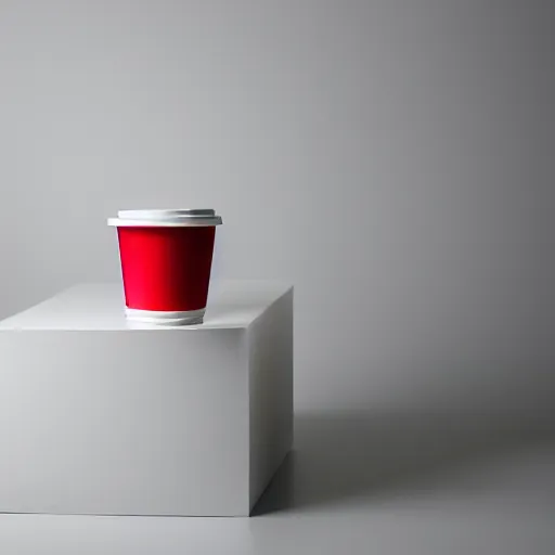 Image similar to an ultra high definition professional studio photograph, 5 0 mm f 1. 4 iso 1 0 0. the photo is set in a plain empty white studio room with a plain white plinth centrally located. the photo depicts a red cup on the plinth in the centre of the image. three point light.