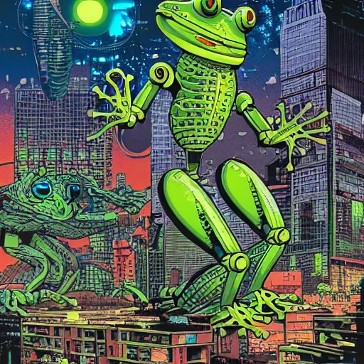 Prompt: huge frog robot devastating the city, by yoichi hatakenaka, masamune shirow, josan gonzales and dan mumford