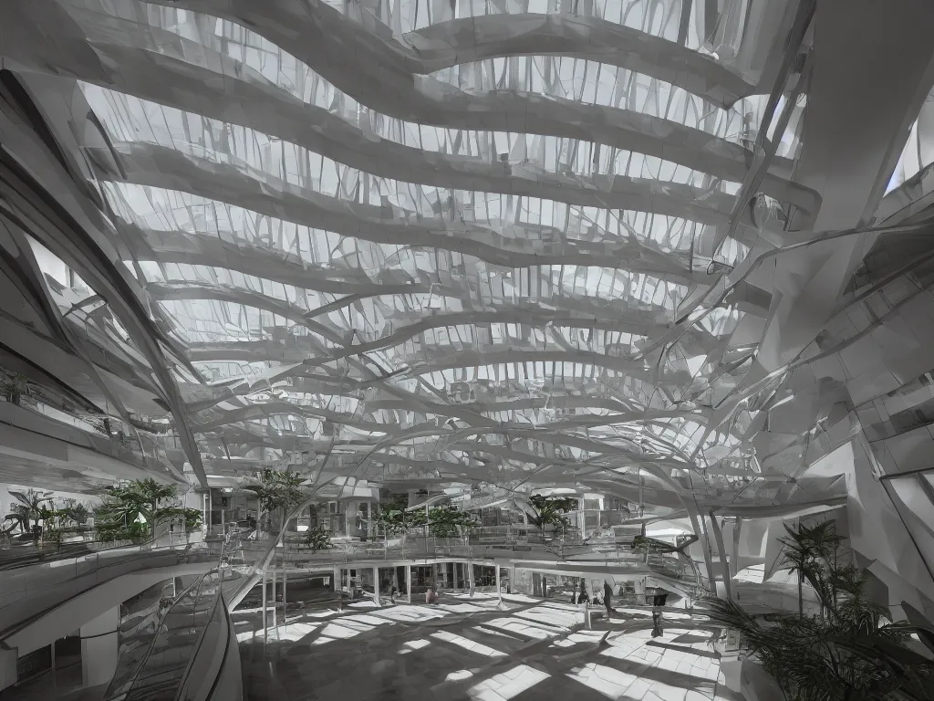 Prompt: a Photorealistic,detailed, beautiful bright modern interior atrium by Santiago Calatrava,Beautiful dramatic moody lighting,cinematic atmosphere,Octane Rendering,8K