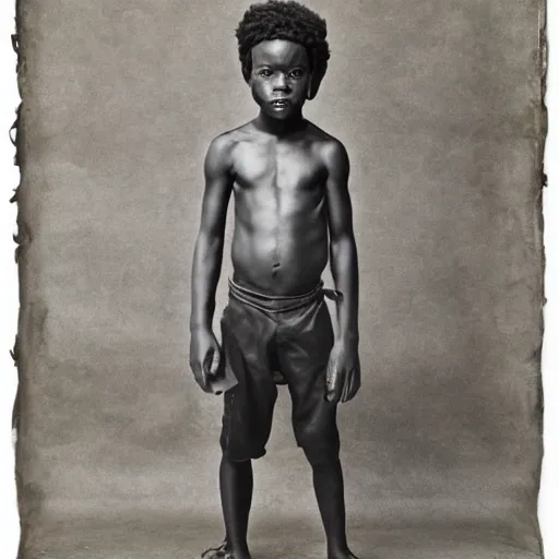 Prompt: a portrait a boy standing in front of a wax print fabric by sanele muholi and william kentridge and kara walker,