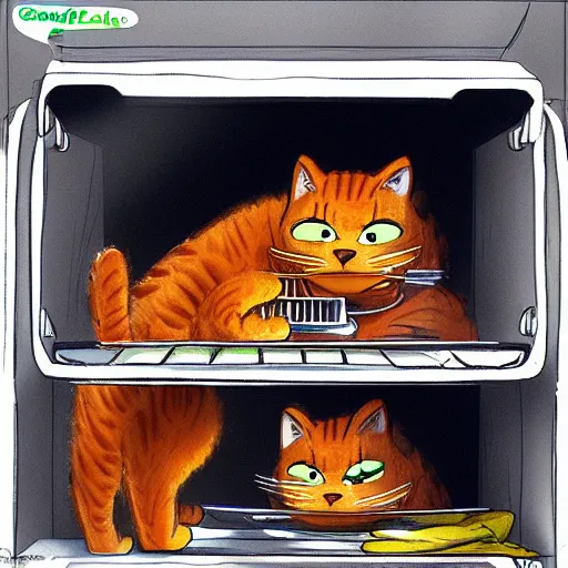 Prompt: Garfield the cat creepily raiding the fridge for lasagna at nine in the morning hyper realistic ultra realistic rtx trending on art station