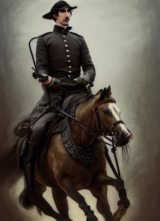 Image similar to painting of john oliver and adam driver together, riding horse, stoic, full body, military uniform, fantasy, intricate, elegant, beautiful, highly detailed, charcoal, centered, dark, smokey, digital painting, artstation, concept art, smooth, sharp focus, illustration, art by artgerm, art by greg rutkowski, art by alphonse mucha